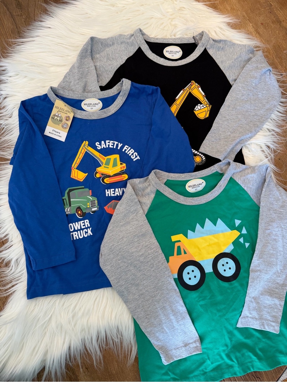 HILEELANG Boys Kids' Long Sleeve Construction Tee Set of 3 Blue Green Black 5Y